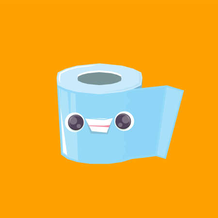 vector funny cartoon toilet paper roll character isolated on orange background. funky smiling kawaii tolet paper roll characterのイラスト素材