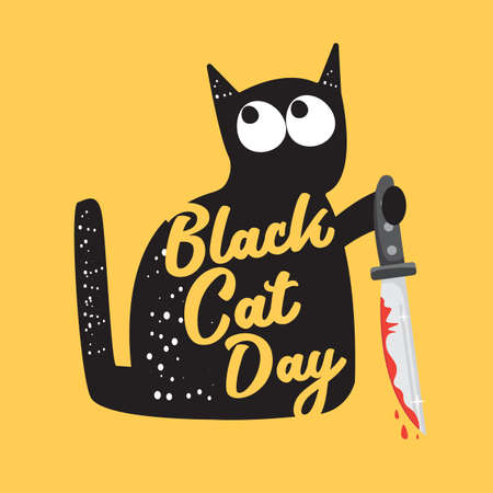 Black cat and knife isolated on white background. Funny Halloween black cat holding a bloody knife. Halloween concept illustrationのイラスト素材
