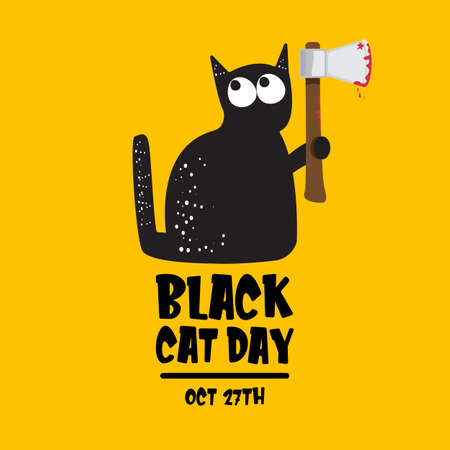 Black cat day funky banner with black cat holding bloody ax isolated on orange background. Black cat day funky concept illustrationのイラスト素材