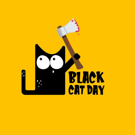 Black cat day funky banner with black cat holding bloody ax isolated on orange background. Black cat day funky concept illustrationのイラスト素材