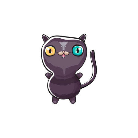 cute black halloween cat isolated on white background. Cartoon happy black witch kitten with big eyesのイラスト素材