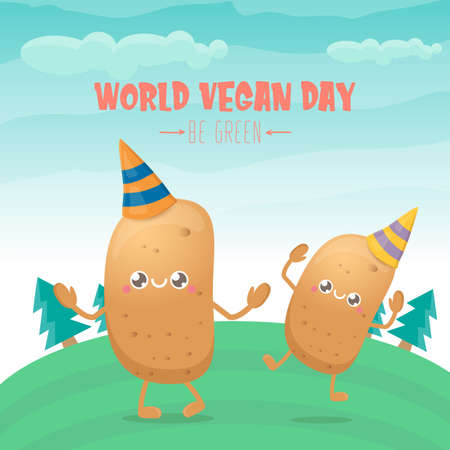 World vegan day greeting card with funny cartoon cute brown smiling tiny potato isolated on on green summer forest background background. Vegan day banner. vegetable funky characterのイラスト素材