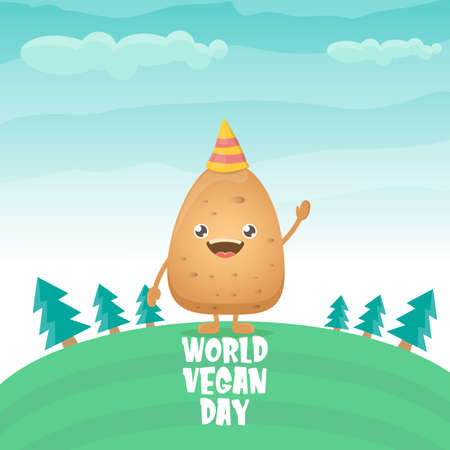World vegan day greeting card with funny cartoon cute brown smiling tiny potato isolated on on green summer forest background background. Vegan day banner. vegetable funky characterのイラスト素材