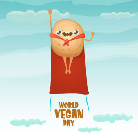 World vegan day banner or greeting card with cflying super hero potato with red hero cape on blue sky background. Super vegetable kawaii food funky characterのイラスト素材