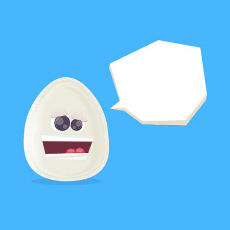 vector funny cartoon egg character isolated on blue background. funky smiling cool white egg stickerのイラスト素材