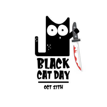 Black cat day funky banner with black cat holding bloody knife isolated on white background. Black cat day funky concept illustrationのイラスト素材
