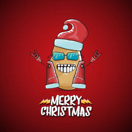 vector rock star Santa Claus potato funny cartoon cute character with red Santa hat and calligraphic merry Christmas text isolated on the red background. Rock n roll funky Christmas party bannerのイラスト素材