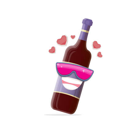 vector funny cartoon red wine bottle character with sunglasses isolated on white background. funky smiling glass wine bottle character design template for wine menu or wine map.のイラスト素材