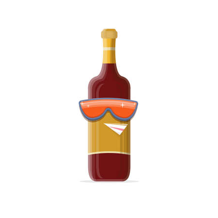 vector funny cartoon red wine bottle character with sunglasses isolated on white background. funky smiling glass wine bottle character design template for wine menu or wine map.のイラスト素材