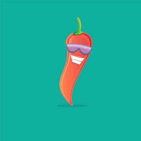 vector funny cartoon hot chilli pepper character with sunglasses isolated on azure background. funky smiling cute mexican paprika pepper vegetable character.のイラスト素材
