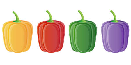 Vector yellow, red, green and violet Bell pepper icon set isolated on white background. Sweet...