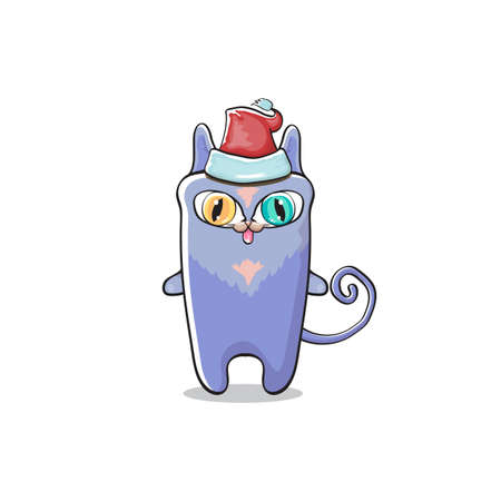 Vector cartoon Santa Claus cat character with red Santa hat isolated on white background. Funny Christmas kids poster or print design template.のイラスト素材