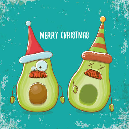 Merry chirstmas vector funky greeting card with with santa claus avocado character and his elf friend on azure background. Vector funny christmas party poster design templateのイラスト素材