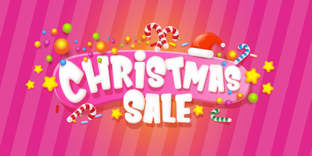 cartoon christmas sale horizontal banner with lighting stars, candies, lollipops, snow, santa red hat and christmas lights isolated on pink background. Cartoon kids style sale labelのイラスト素材