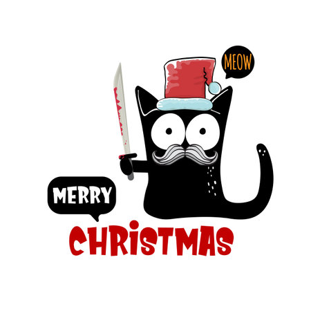 Merry Christmas greeting card or banner with Black cat with Santa hat holding bloody ax isolated on white background. Funny Christmas black cat and ax. Christmas concept illustrationのイラスト素材