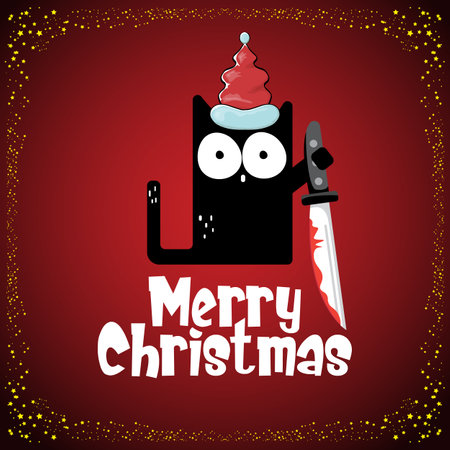 Merry Christmas greeting card or banner with Black cat with Santa hat holding bloody knife isolated on red background. Funny Christmas black cat and knife. Christmas concept illustrationのイラスト素材