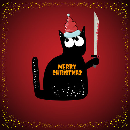 Merry Christmas greeting card or banner with Black cat with Santa hat holding bloody knife isolated on red background. Funny Christmas black cat and knife. Christmas concept illustrationのイラスト素材