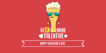 Beer mine valentines vector valentines greeting horizontal banner with beer glass cartoon character isolated on red background. Vector adult valentines day party poster design templateのイラスト素材