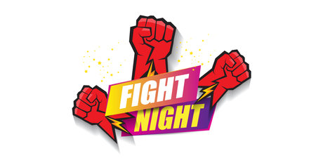 Fight night vector modern poster with text and strong fist. mma, wrestling or fight club emblem design template. fight label isolated on white banner backgroundのイラスト素材