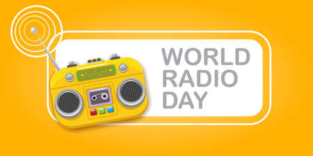 World radio day horizontal banner with vintage old orange cassette stereo player isolated on orange background. Cartoon funky hipster Radio day banner or posterのイラスト素材