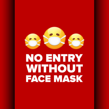 No entry without face mask icon sticker or poster with yellow smile face with mouth face mask isolated on red backgroundのイラスト素材