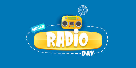 World radio day horizontal banner with vintage old orange cassette stereo player isolated on blue background. Cartoon funky hipster Radio day banner or posterのイラスト素材