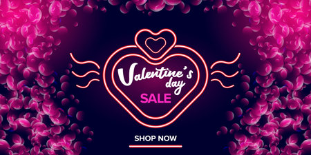 Valentines day sale horizontal banner with pink neon heart and glowing pink petals isolated on background. Valentines day sale poster with shiny pink layout and beautiful heartのイラスト素材