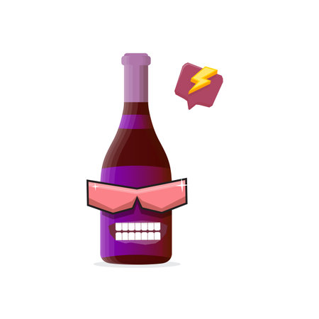 vector funny cartoon red wine bottle character with sunglasses isolated on white background. funky smiling glass wine bottle character design template for wine menu or wine map.のイラスト素材