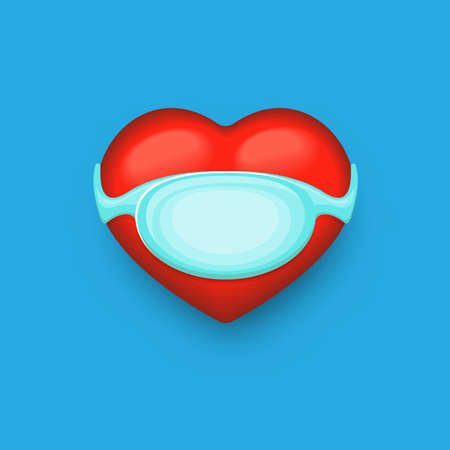 vector 3d red heart with blue mouth protection face mask isolated on blue background. Valentines day red heart sticker with medical mask design elementのイラスト素材