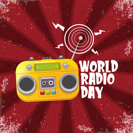 World radio day concept vector illustration with vintage old orange cassette stereo player isolated on red background. Radio day banner or posterのイラスト素材
