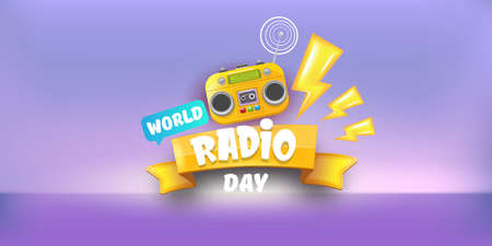 World radio day horizontal banner with vintage old orange cassette stereo player isolated on violet background. Cartoon funky hipster Radio day banner or posterのイラスト素材