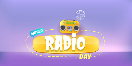 World radio day horizontal banner with vintage old orange cassette stereo player isolated on violet background. Cartoon funky hipster Radio day banner or posterのイラスト素材