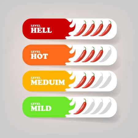 Spicy hot red chili pepper banners or stickers set with flame and rating of spicy. Vector spicy food level icon collection, mild, medium hot and hell level of pepper sauce or snack foodのイラスト素材