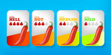 Spicy hot red chili pepper banners or stickers set with flame and rating of spicy. Vector spicy food level icon collection, mild, medium hot and hell level of pepper sauce or snack foodのイラスト素材