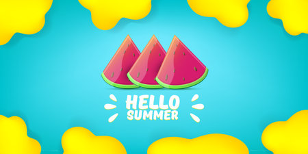 Vector Hello Summer Beach Party horizontal banner Design template with fresh watermelon slice isolated on azure background. Hello summer concept label or poster with fruit and typographic text.のイラスト素材