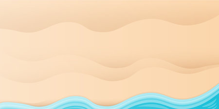 Top view summer beach background with golden sand and turquoise ocean waves. Vector summer beach party flyer or poster design template with tropical coastのイラスト素材