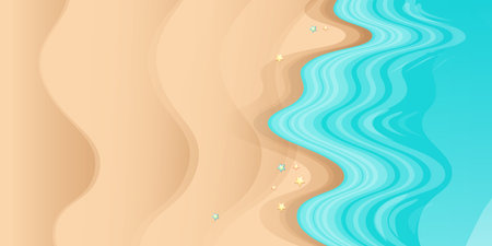 Top view summer beach background with golden sand and turquoise ocean waves. Vector summer beach party flyer or poster design template with tropical coastのイラスト素材