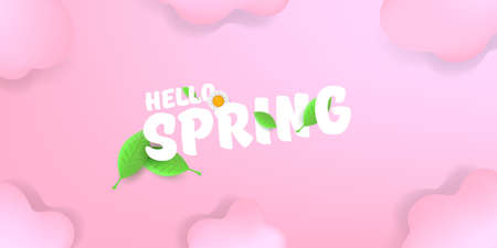 vector hello spring pink horizontal banner with text and flowers on soft pink sky background with pink clouds. hello spring slogan or label isolated on pink backgroundのイラスト素材