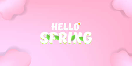 vector hello spring pink horizontal banner with text and flowers on soft pink sky background with pink clouds. hello spring slogan or label isolated on pink backgroundのイラスト素材