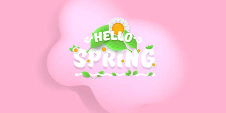 vector hello spring pink horizontal banner with text and flowers on soft pink sky background with pink clouds. hello spring slogan or label isolated on pink backgroundのイラスト素材