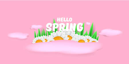 vector hello spring pink horizontal banner with text and flowers on soft pink sky background with pink clouds. hello spring slogan or label isolated on pink backgroundのイラスト素材