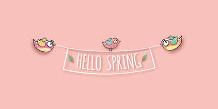 Hello spring label with spring birds and flowers on a soft pastel pink background. Hello spring...
