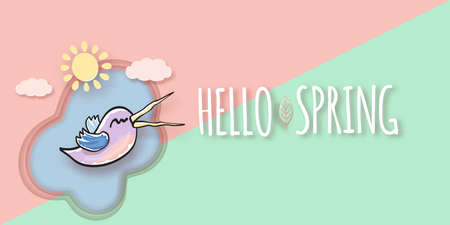 Hello spring label with spring birds and flowers on a soft pastel pink background. Hello spring...
