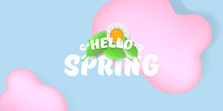 vector hello spring pink horizontal banner with text and flowers on soft blue sky background with pink clouds. hello spring slogan or label isolated on blue backgroundのイラスト素材