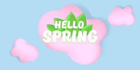 vector hello spring pink horizontal banner with text and flowers on soft blue sky background with pink clouds. hello spring slogan or label isolated on blue backgroundのイラスト素材