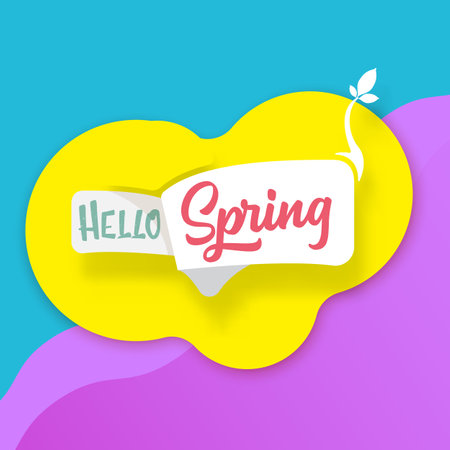 hello spring cut paper style label with ribbon isolated on abstract colorful background. Hello spring icon design template with growing leafのイラスト素材