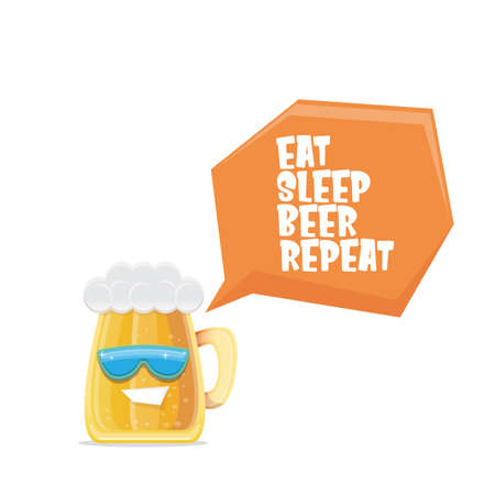 Vector Eat sleep beer repeat vector concept illustration or summer poster with cartoon funky beer mug character with sunglasses isolated on white background. Vector funny beer label or poster designのイラスト素材
