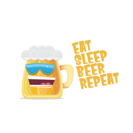 Vector Eat sleep beer repeat vector concept illustration or summer poster with cartoon funky beer mug character with sunglasses isolated on white background. Vector funny beer label or poster designのイラスト素材