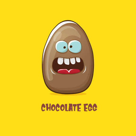 Cartoon chocolate easter egg cartoon characters isolated on yellow background. My name is egg vector concept illustration. funky sweet chocolate easter egg character with eyes and mouthのイラスト素材