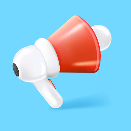 Vector 3d red megaphone icon isolated on blue background. Cartoon loudspeaker or hand speaker label or signのイラスト素材